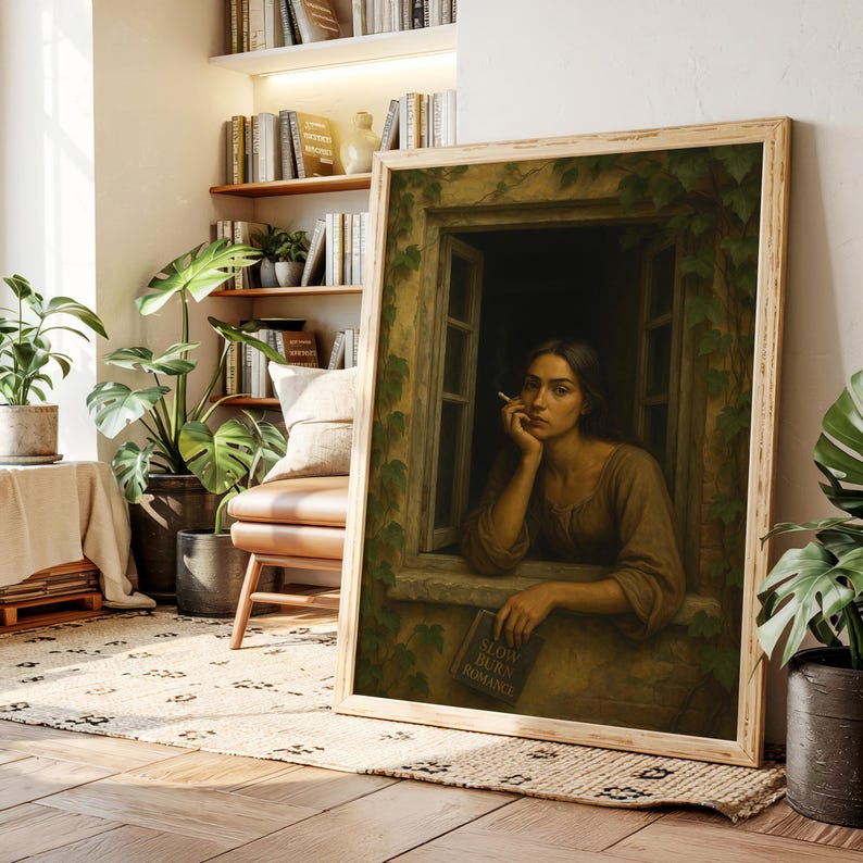 Może przedstawiać: Oprawiony wydruk kobiety w oknie, trzymającej papierosa i książkę zatytułowaną "Slow Burn Romance". Grafika ma estetykę vintage, z stonowaną paletą kolor&oacute;w i drewnianą ramą. Zielone winorośle obramowują okno.