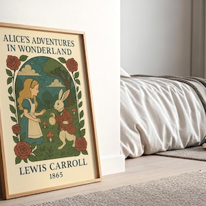 May include: Framed art print of "Alice's Adventures in Wonderland" by Lewis Carroll. The illustration features Alice, a white rabbit, and the text "Alice's Adventures in Wonderland" and "Lewis Carroll 1865". The artwork is in a wooden frame.