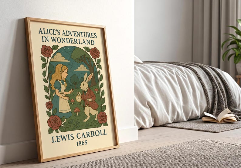 May include: Framed art print of "Alice's Adventures in Wonderland" by Lewis Carroll. The illustration features Alice, a white rabbit, and the text "Alice's Adventures in Wonderland" and "Lewis Carroll 1865". The artwork is in a wooden frame.