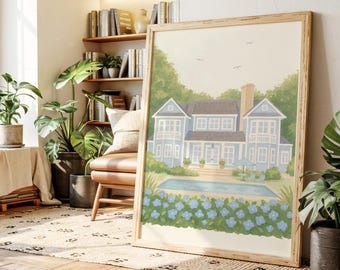 Lámina decorativa "Casa de playa azul" / Decoración de pared "Romance veraniego costero" / Regalo ideal para amantes de la lectura junto al mar