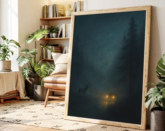May include: A framed art print depicting a dark, atmospheric forest scene. The artwork features a deer, a tall pine tree, and a vehicle with glowing lights, all shrouded in mist. The frame is made of light-colored wood.