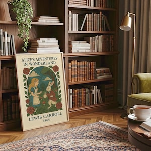 May include: A framed print of "Alice's Adventures in Wonderland" by Lewis Carroll, featuring a vintage illustration of Alice and the White Rabbit. The artwork is displayed in a room with bookshelves filled with books, a rug, and a reading chair.