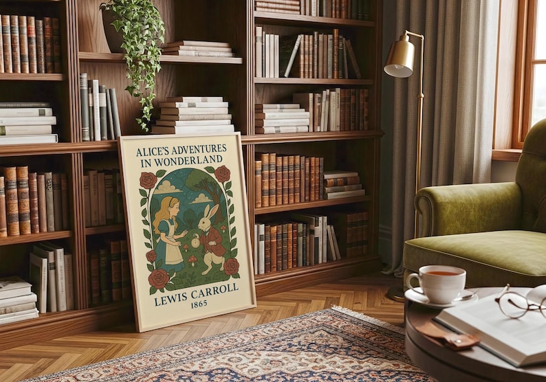 May include: A framed print of "Alice's Adventures in Wonderland" by Lewis Carroll, featuring a vintage illustration of Alice and the White Rabbit. The artwork is displayed in a room with bookshelves filled with books, a rug, and a reading chair.