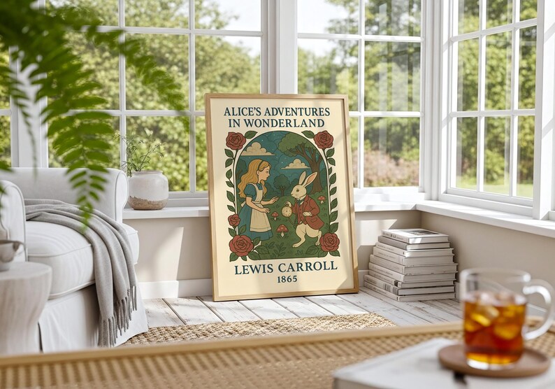 May include: A framed poster of "Alice's Adventures in Wonderland" by Lewis Carroll. The illustration features Alice, a white rabbit, and the text "Alice's Adventures in Wonderland" and "1865". The poster is in a room with a window.