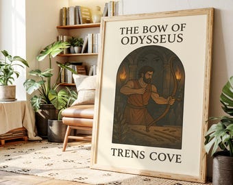May include: Framed art print featuring an illustration of a man aiming a bow and arrow. The text "THE BOW OF ODYSSEUS" and "TRENS COVE" are displayed in a serif font. The artwork is set against a cream-colored background.
