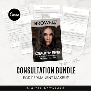 May include: A digital download bundle for permanent makeup consultations. The bundle includes a variety of forms, including a client intake form, a patch test form, a disclaimer and release form, and a model release form. The forms are designed to be used by permanent makeup artists to gather information from their clients and to ensure that they are properly informed about the procedure.