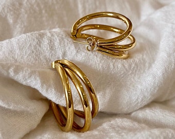 OLGA hoop earrings • hypoallergenic surgical stainless steel triple ring hoop earrings, water resistant, gift for her, minimalist