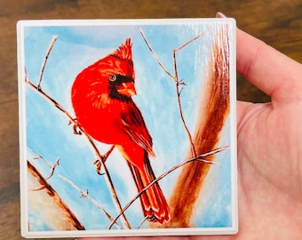 Cardinal Art Ceramic Coasters – Wildlife Drink Coaster, Bird Lover Gift, Home Decor