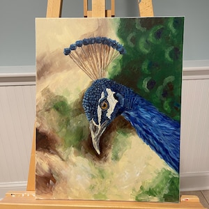 Peacock Acrylic Painting: Colorful Wildlife Portrait, Original Wall Art