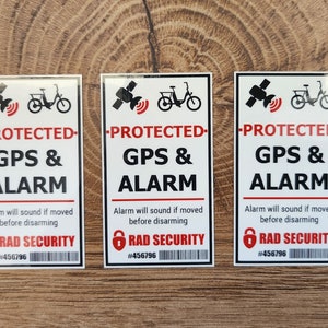 GPS Tracking and Alarm Warning Stickers for Bikes, eBike and Rad Power Bikes - 3 Pack