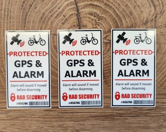 GPS Tracking and Alarm Warning Stickers for Bikes, eBike and Rad Power Bikes - 3 Pack