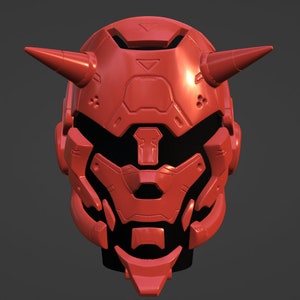 May include: A red, futuristic helmet with two prominent horns. The helmet features a complex, angular design with a black visor area. The overall aesthetic suggests a sci-fi or cosplay theme.