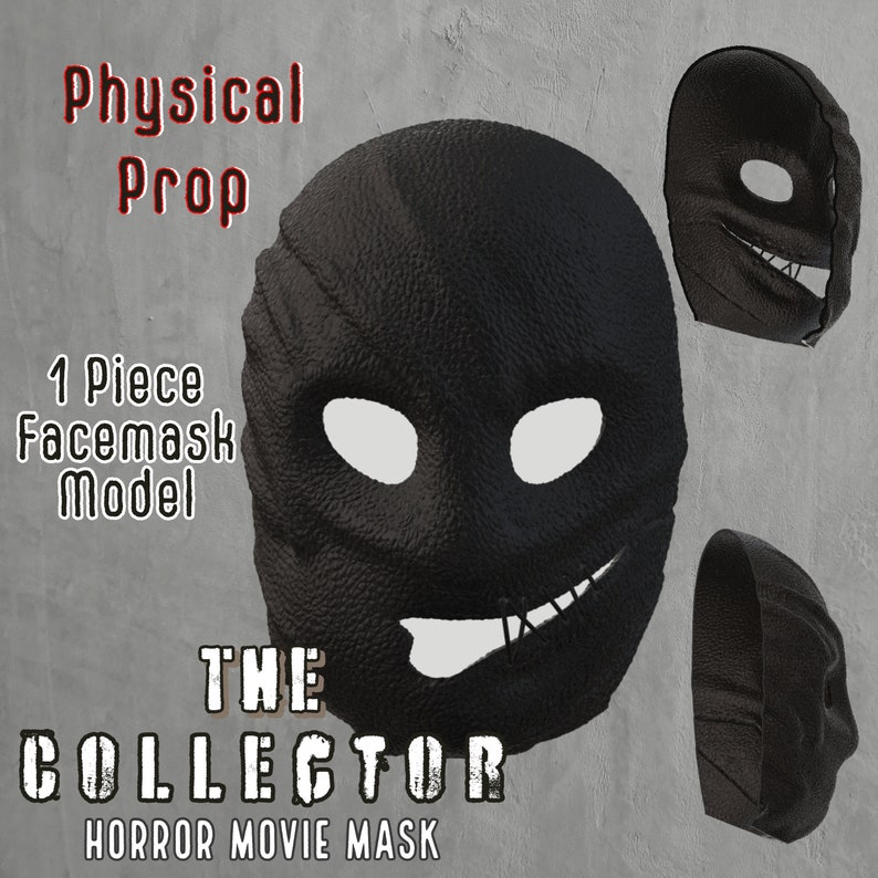 May include: Black horror movie mask with white eye holes and a stitched smile. The mask is labeled "THE COLLECTOR HORROR MOVIE MASK" and "1 PIECE FACEMASK MODEL". The words "Physical Prop" are also visible.