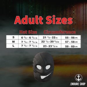 May include: Black mask with white eye and mouth details, displayed with a size chart. The chart lists hat sizes S, M, and L, with corresponding measurements in inches and centimeters. The text "Adult Sizes" is at the top.