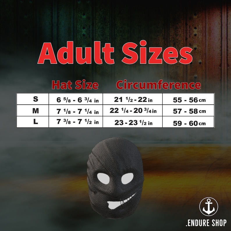 May include: Black mask with white eye and mouth details, displayed with a size chart. The chart lists hat sizes S, M, and L, with corresponding measurements in inches and centimeters. The text "Adult Sizes" is at the top.