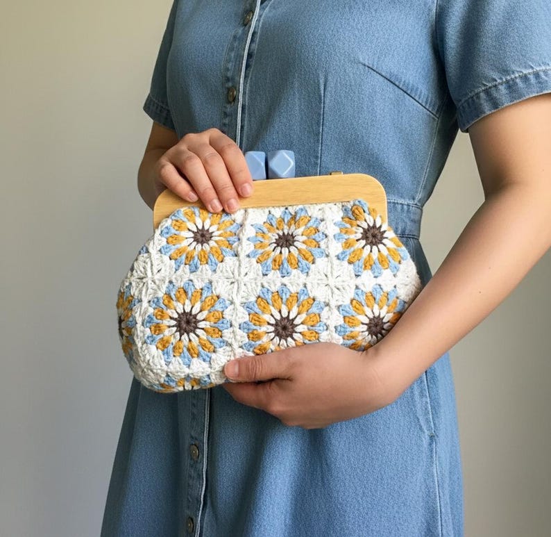 Handmade Crochet Granny Square Purse • Retro Wooden Frame, Boho Floral Bag image 6