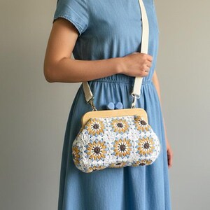 Handmade Crochet Granny Square Purse • Retro Wooden Frame, Boho Floral Bag image 8