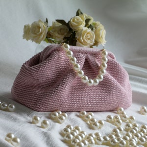 Bolso de mano de lujo con perlas sintéticas y pliegues, bolso de crochet con forma de nube de hilo de algodón brillante, bolso de mano para bodas, regalo de Navidad para mujeres