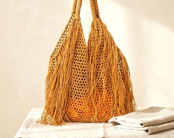 Crochet Fringe Tote Bag, Boho Mesh Beach Bag, Raffia Summer Shoulder Bag, Woven Net Market Bag with Pouch, Bohemian Straw Handbag