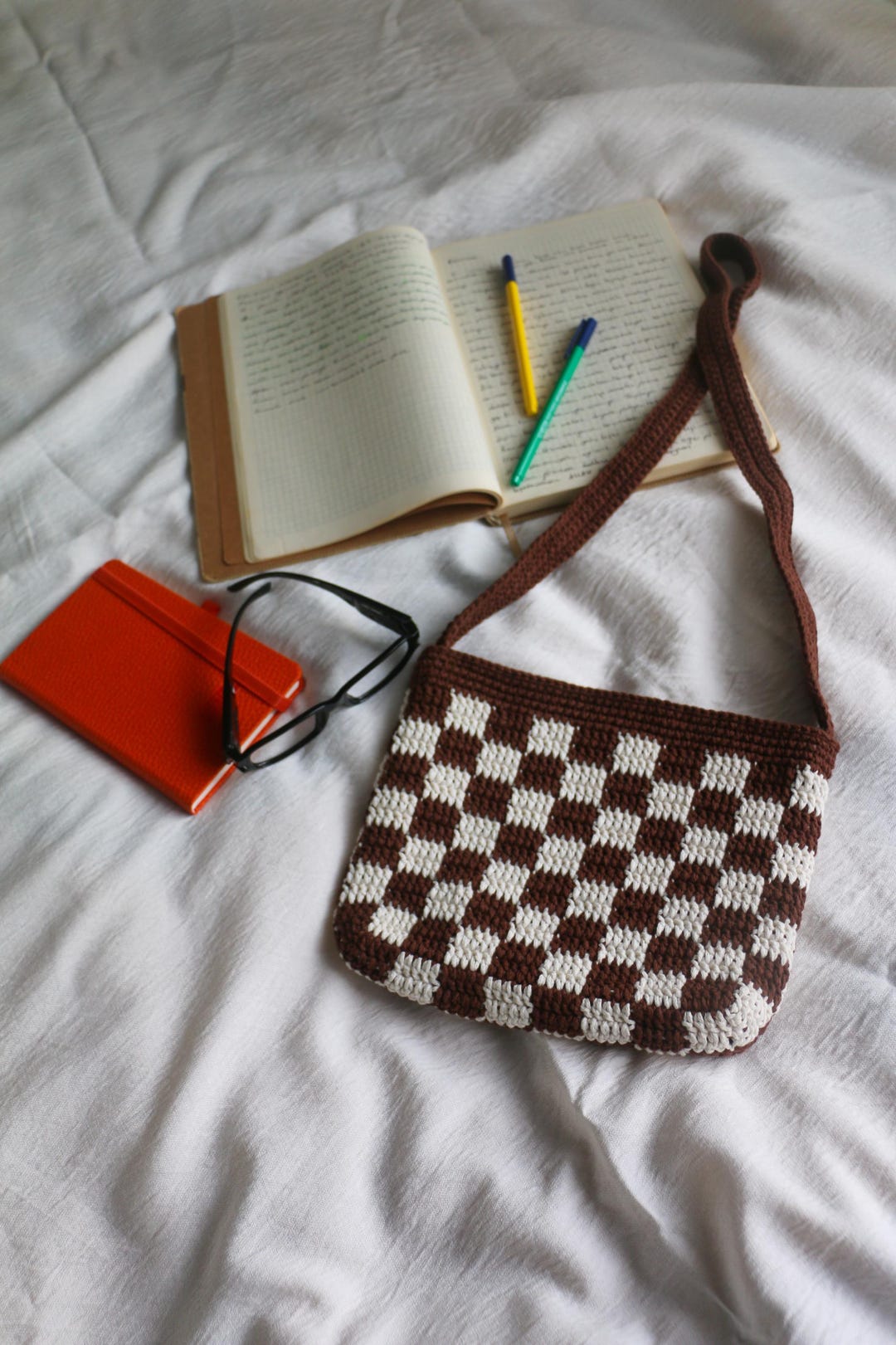 Checkered Crochet Hobo Bag: Handmade Cotton Yarn Shoulder Bag - Etsy