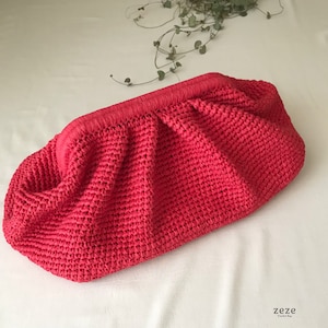 Red Raffia Pouch Clutch Bag for Women, Handcrafted Summer Purse, Crocheted Cloud Bag, Wicker Wedding Clutch Bag, Elegance Evening Handbag