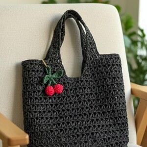 Handmade Raffia Crochet Shoulder Bag with Cherry Charm, Boho Summer Tote Bag, Vacation Purse
