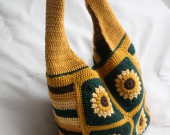 Vierkante gehaakte draagtas zonnebloem oma, boho zomertas, cadeau voor haar