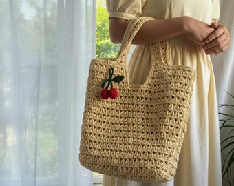 Raffia Crochet Shoulder Bag, Boho Summer Bag with Cherry Charm, Lightweight Beach Bag, Eco-Friendly Shopper, Cream Raffia Shoulder Bag