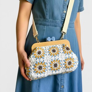 Handmade Crochet Granny Square Purse • Retro Wooden Frame, Boho Floral Bag image 4