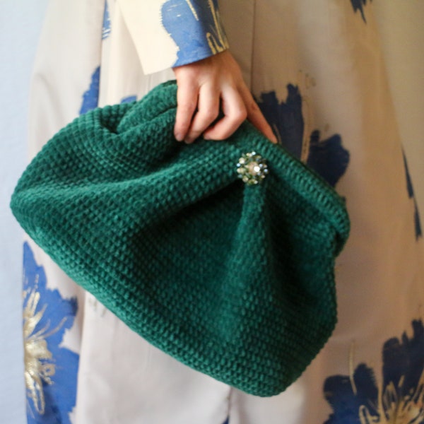 Fancy Winter Handbag with Brooch,Cloud Clutch Green,Knit Velvet Bag with Clasp,Plush Handmade Bag, Personalized Valentine's Day Gift for Her