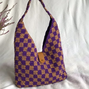 Checkered Crochet Hobo Bag , Purple /Yellow Retro Shoulder Bag, Knitted Cotton Yarn Bag in Vintage Style, Personalized Gift For Women