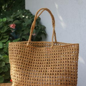 Summer Raffia Crochet Net Tote Bag – Handmade Boho Beach Bag – Large Eco Friendly Market Bag – Vacation Shoulder Bag