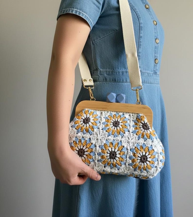 Handmade Crochet Granny Square Purse • Retro Wooden Frame, Boho Floral Bag image 5