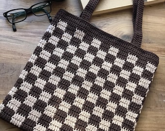 Checkered Crochet Hobo Bag: Knitted Cotton Yarn Shoulder Bag