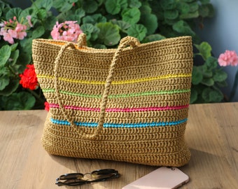 Crochet Raffia Bag, Colorful Striped Raffia Tote Bag , Handmade Beach Bag, Boho Summer Shoulder Bag, Beach Vacation Bag