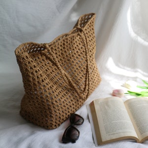 Sommer häkeln Raffia Netz Einkaufstasche, handgemachte Strandtasche, große Schultertasche, gestrickte Tasche, Stroh Shopper Tasche, Mesh Frauen Tasche