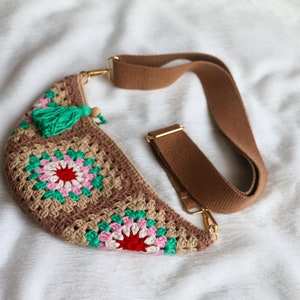 Sac gratuit au crochet, petit sac bandoulière, sac à main grand-mère carré avec fleurs, sac banane, sac bandoulière pour femme, sac banane au crochet, cadeau de Noël pour elle