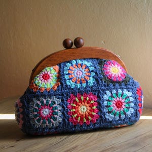 Handmade Blue Crochet Purse with Colorful Flower Squares • Retro Wooden Frame Bag • Boho Granny Square Bag • Crossbody or Clutch