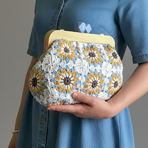 Handmade Crochet Granny Square Purse • Retro Wooden Frame, Boho Floral Bag image 1
