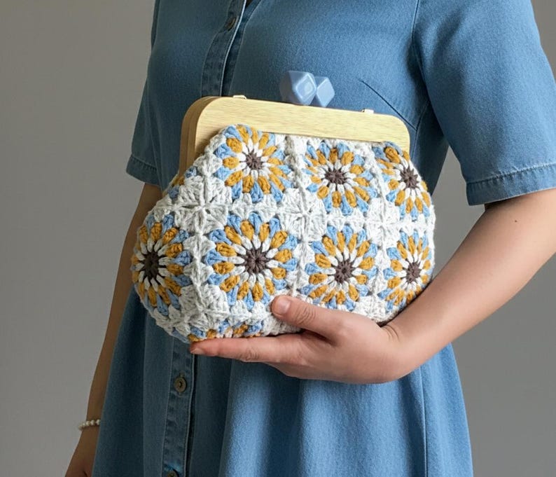 Handmade Crochet Granny Square Purse • Retro Wooden Frame, Boho Floral Bag image 1