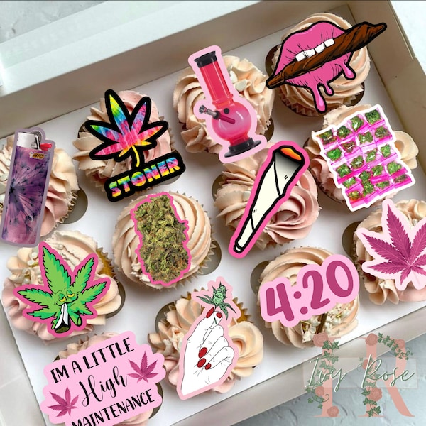 Printable Pink Weed Cupcake Toppers Decoration Digital File Birthday Marijuana