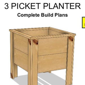 May include: Diagram of a 3 picket planter with step-by-step instructions. The planter is made of wood and has a square shape. The instructions include helpful tips and illustrations.
