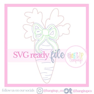 May include: A line drawing of a carrot with a green bow on top. The carrot is outlined in blue and the bow is outlined in green. The text "SVG ready file Hang It Up Company" is at the bottom of the image.