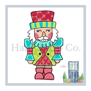 May include: A colorful illustration of a nutcracker with a red hat, green and yellow vest, and blue sleeves. The nutcracker is smiling and has a mustache. The image also includes a small blue door with a window and two potted plants.