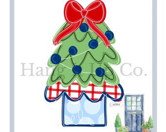 May include: A green Christmas tree with a red bow, blue ornaments, and a red and white checkered base. The tree is in a blue pot with white polka dots. The text "est 2014" is on the pot. There is a blue door with a window and two green bushes in pots.