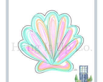 May include: A watercolor illustration of a seashell with pink, orange, and turquoise colors. The seashell is outlined in black and has a white background.