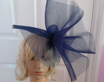 Navy blue crin fascinator wedding hat on headband ( can change into clips or comb)