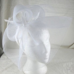 white crin fascinator wedding hat on headband ( can change into clips or comb)