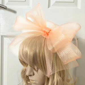 Könnte beinhalten: Ein Haarbogen aus pfirsichfarbenem Tüll mit einer großen Schleife und einem Schleier. Der Bogen ist aus einem weichen, durchsichtigen Stoff gefertigt und hat einen zarten, femininen Look.