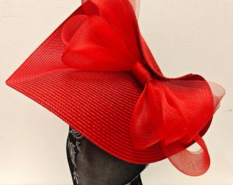 post box red large straw fascinator with crinoline bow millinery burlesque wedding hat on headband ascot party race cosplay